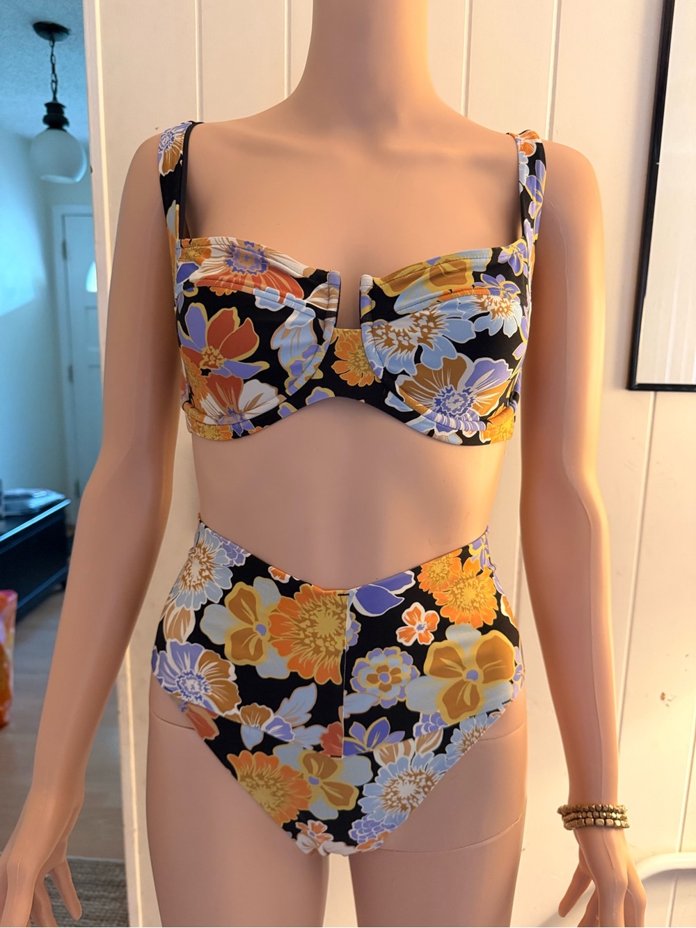 l*space Floral High-Waist Bikini — Black with Yellow & Lavender Floral